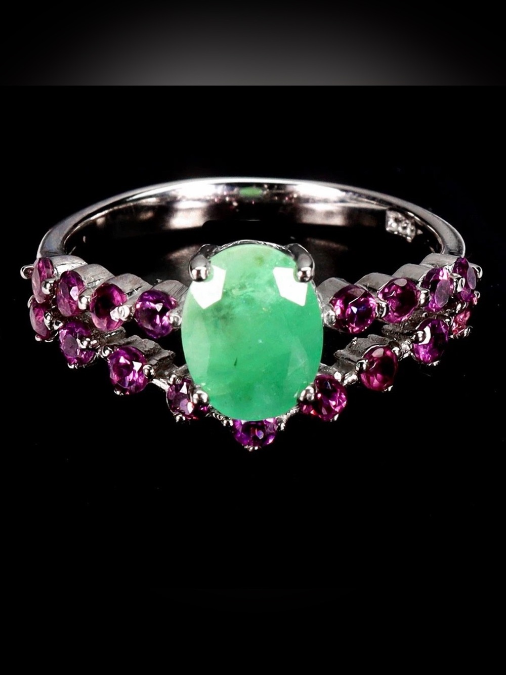 Stunning Natural Emerald 1.30CT & Pink Garnet Chevron 925 Sterling Ring Sz 7